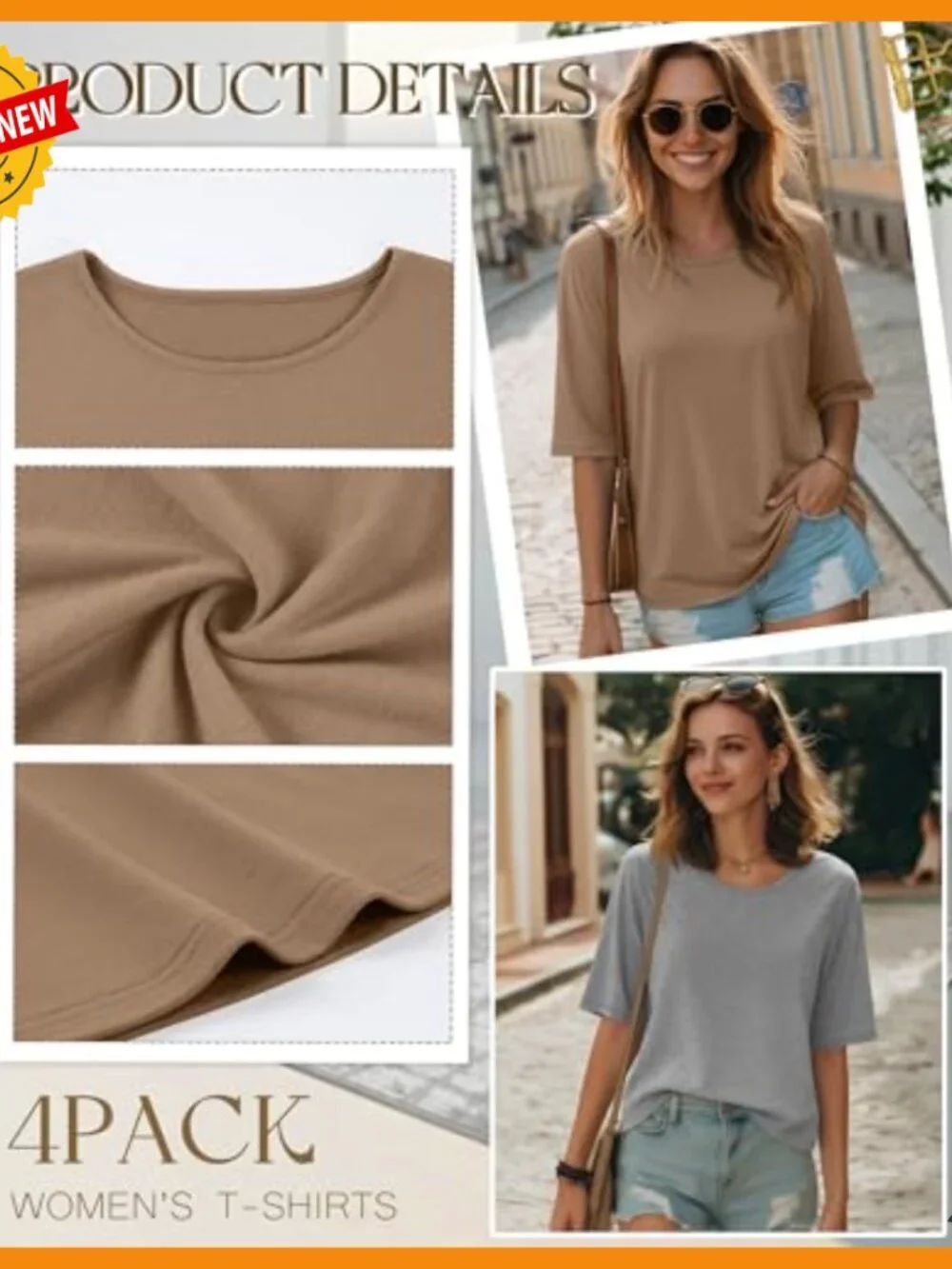 4 Pack Half Sleeve Oversized T-Shirts, Lightweight Cotton Blend, Casual Round - Picture 5 of 7